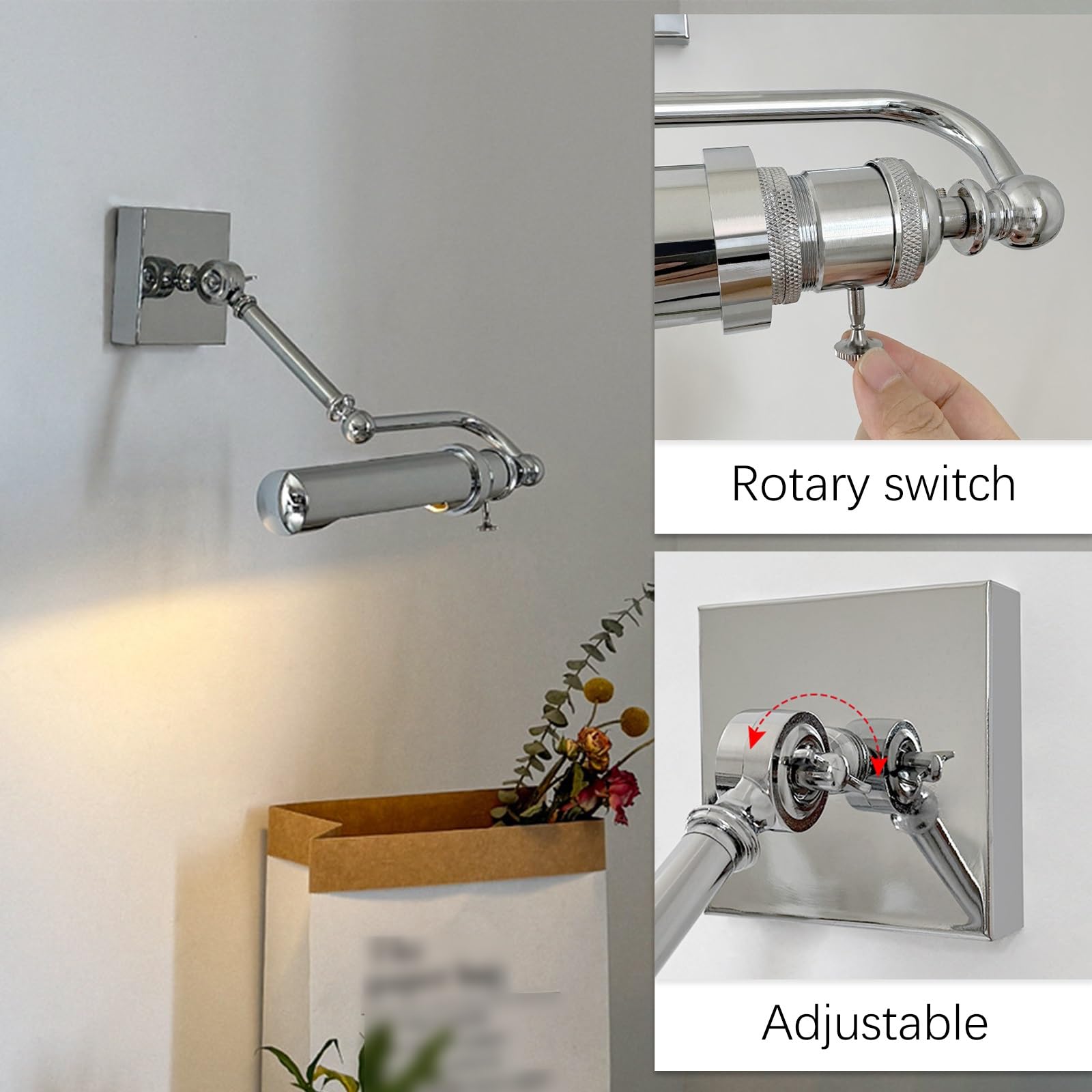 Lampadari da bagno Morden, luci di cortesia cromate for specchio, applique da parete con braccio oscillante regolabile con interruttore, lampada da parete for interni in stile Bauhaus