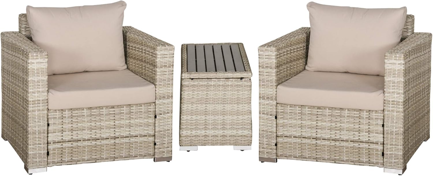 Outsunny 3 Piece Patio Furniture Set, PE Rattan Small Wicker Balcony Furniture, Table & Chairs with Cushions Composite Table, Conversation Set for Apartment, Gray