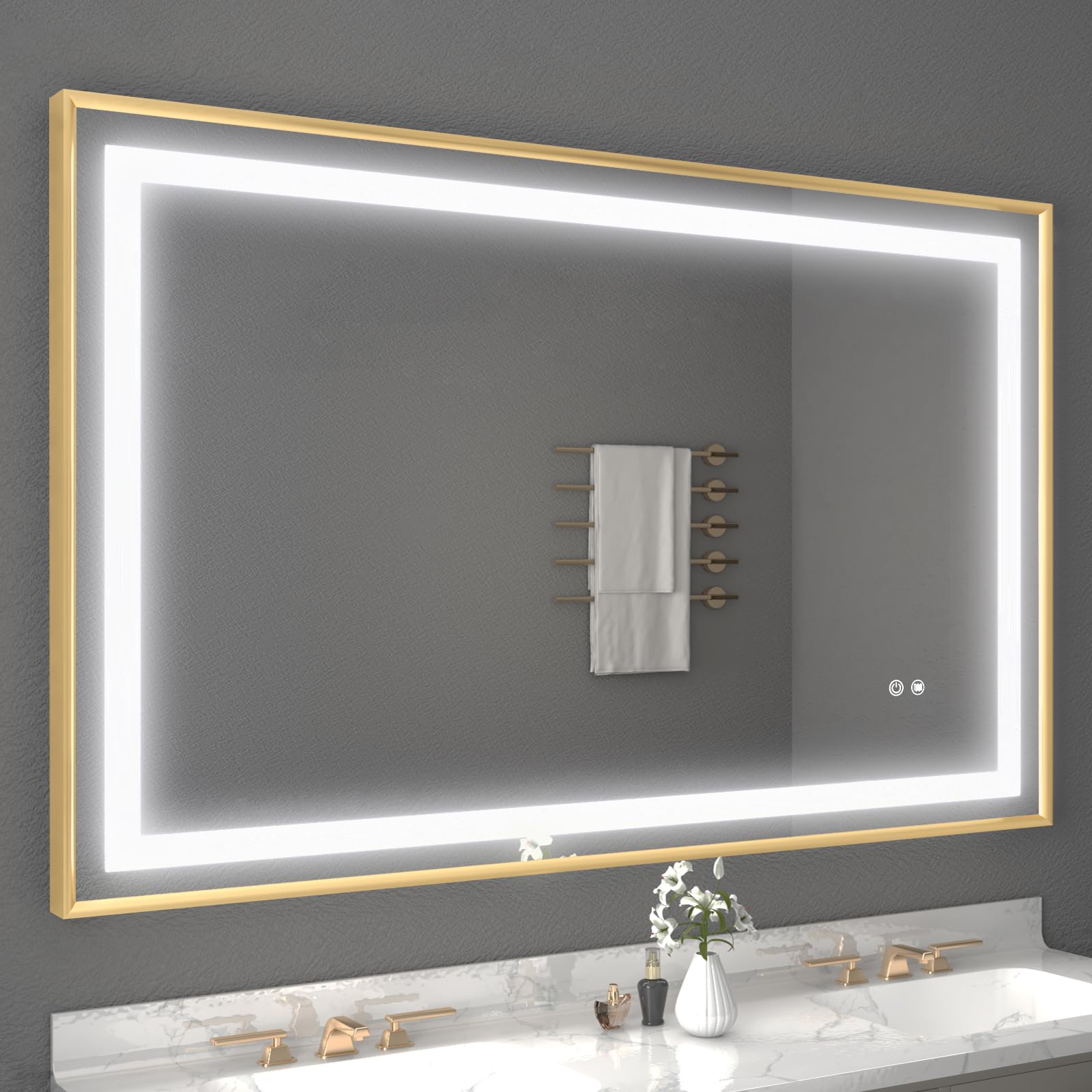 Woodsam LED Bathroom Mirror 60X40 inch, Gold Tone Framed Dimmable Makeup Mirror with Anti Fog Function, Waterproof,Vertical & Horizontal