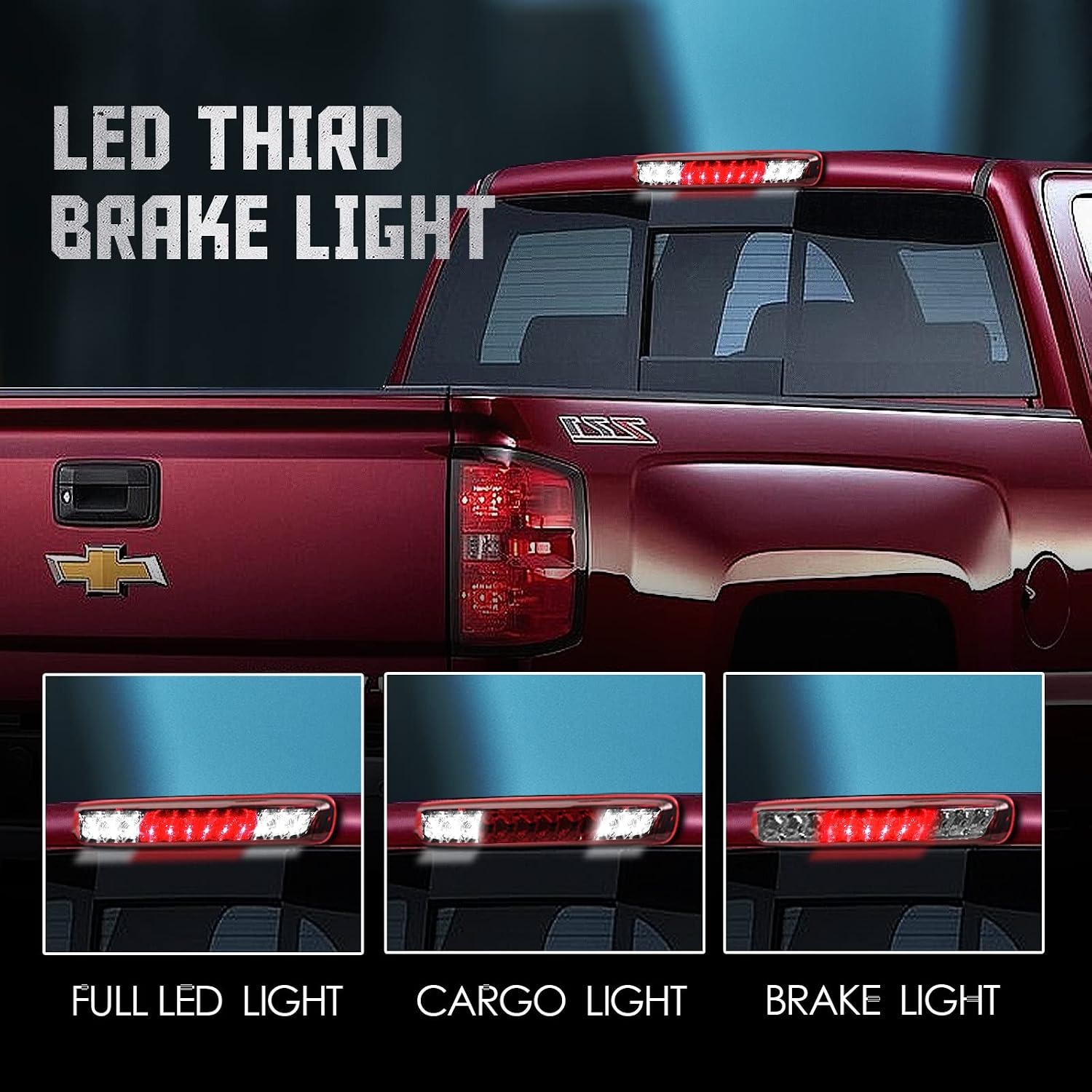 3rd Third High Mount Brake LED Light Kit Compatible with 2007 2008 2009 2010 2011 2012 2013 Chevy Silverado/GMC Sierra 1500 2500HD 3500HD Tail Rear Center Cargo Lamp Sets (Chrome Housing/Red Lens)