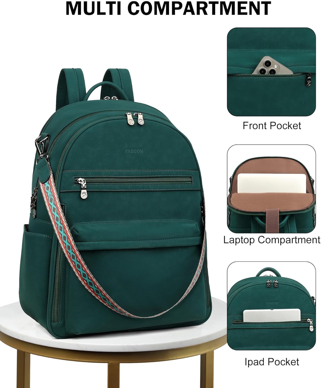 FADEON 15.6 inch Laptop Backpack Purse for Women Designer PU Leather Computer Backpacks Fashion for Work Travel Green