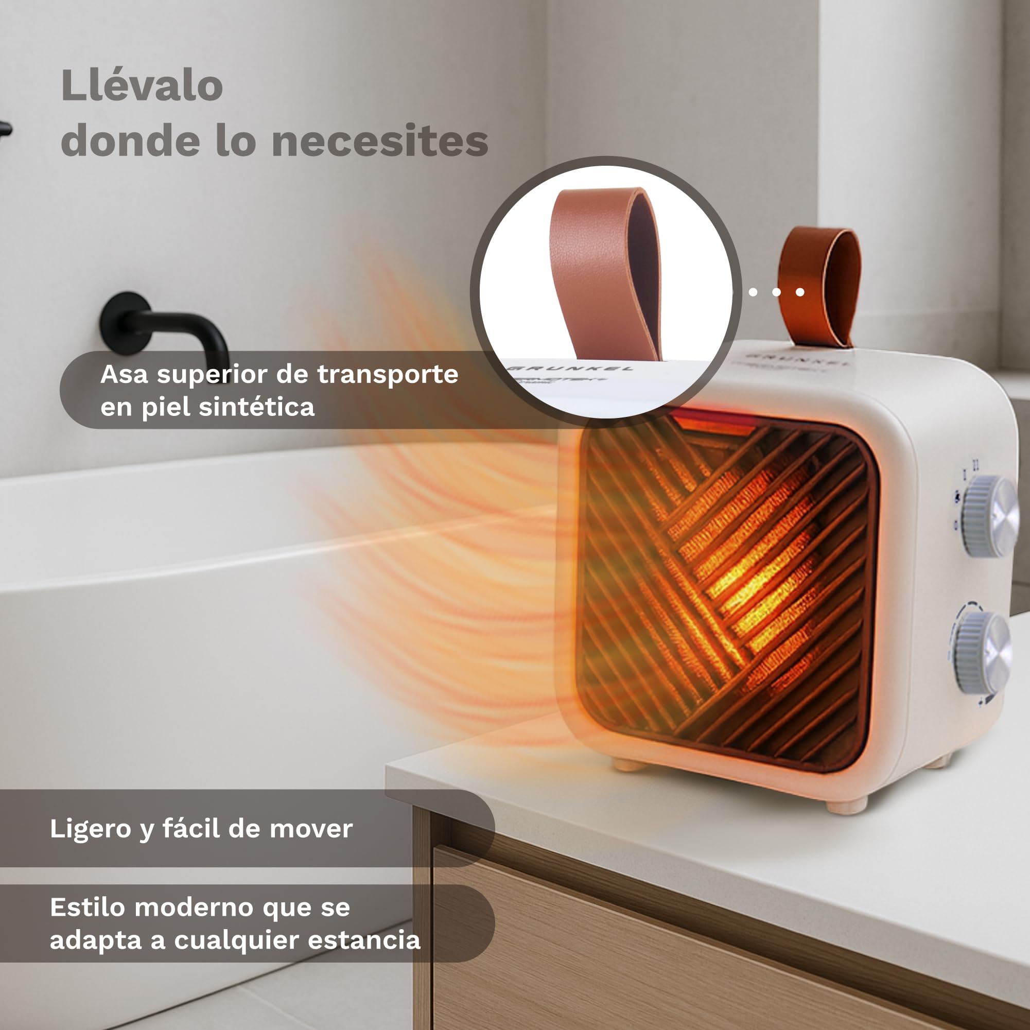 GRUNKEL Radiateur soufflant en céramique CF-1500 cm, 1500 W, 2 niveaux, thermostat réglable, protection anti-basculement et anti-surchauffe, panneau en céramique, ventilateur indépendant, portable