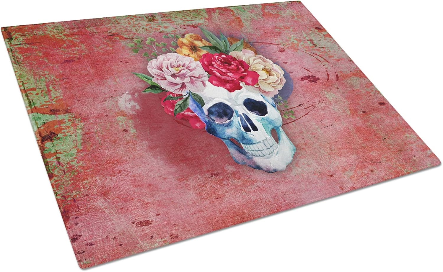 Caroline's Treasures BB5130LCB Day of the Dead Red Flowers Skull Glass Cutting Board Large Decorative Tempered Glass Kitchen Cutting and Serving Board Large Size Chopping Board