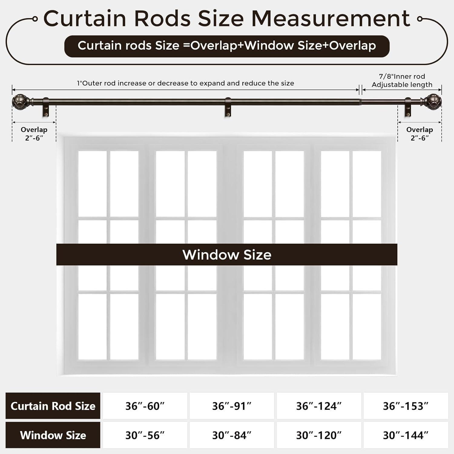 Long Bronze Curtain Rod, Heavy Duty 1 Inch Decorative Curtain Rods for Windows 72 to 144 Inch, Single-Side Adjustable Vintage Rustic Antique Brown Drapery Pole with Netted Texture Finials