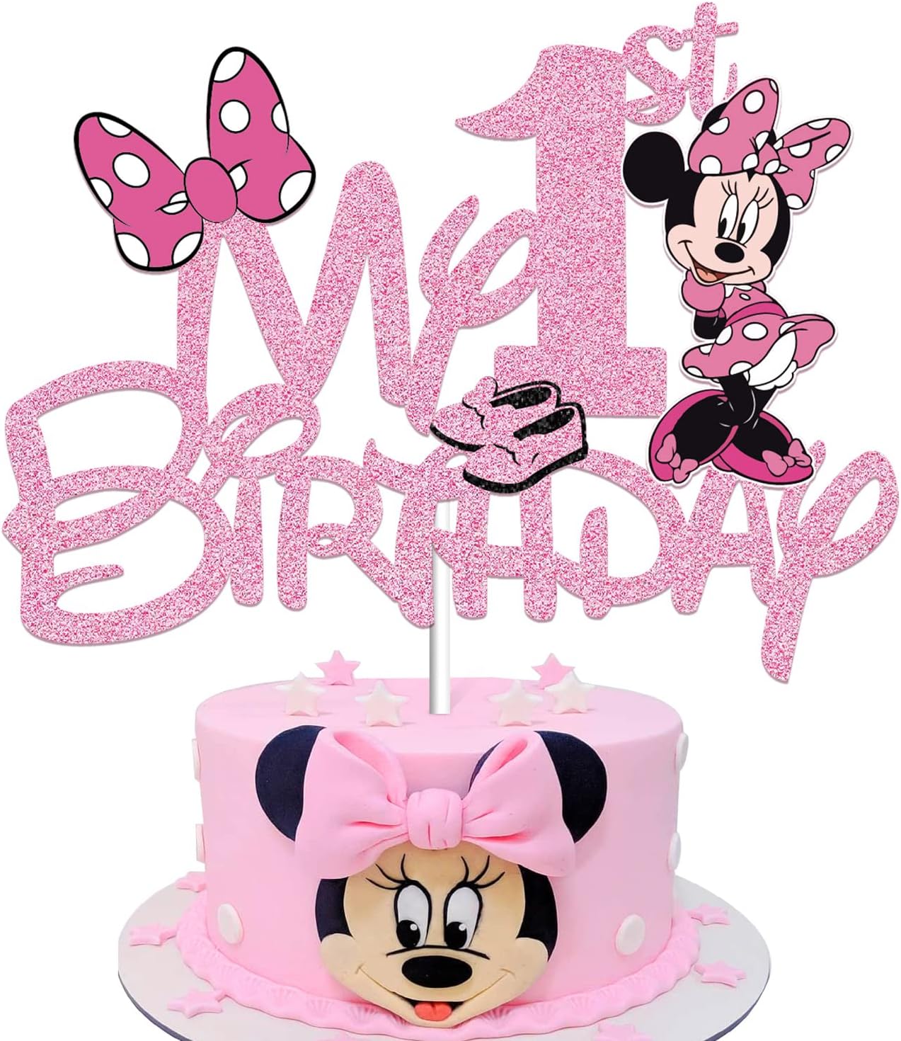 JUYRLE Pink 1 Year Old Cake Topper - My 1st Pink Mouse Cartoon Happy Party Decorations First Birthday Party Supplies Decor for Kids Girls Birthday Baby Shower