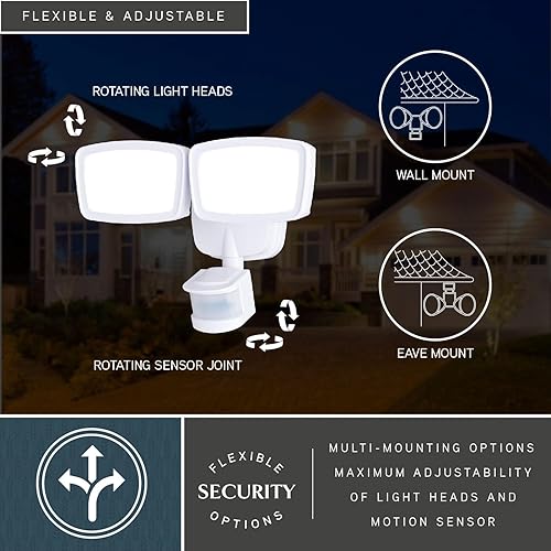 Miniatura 7 de VAXCEL Luz de inundación LED integrada de 2200 lm con sensor de movimiento de doble cabezal para exteriores con 4 modos, activada por movimiento,