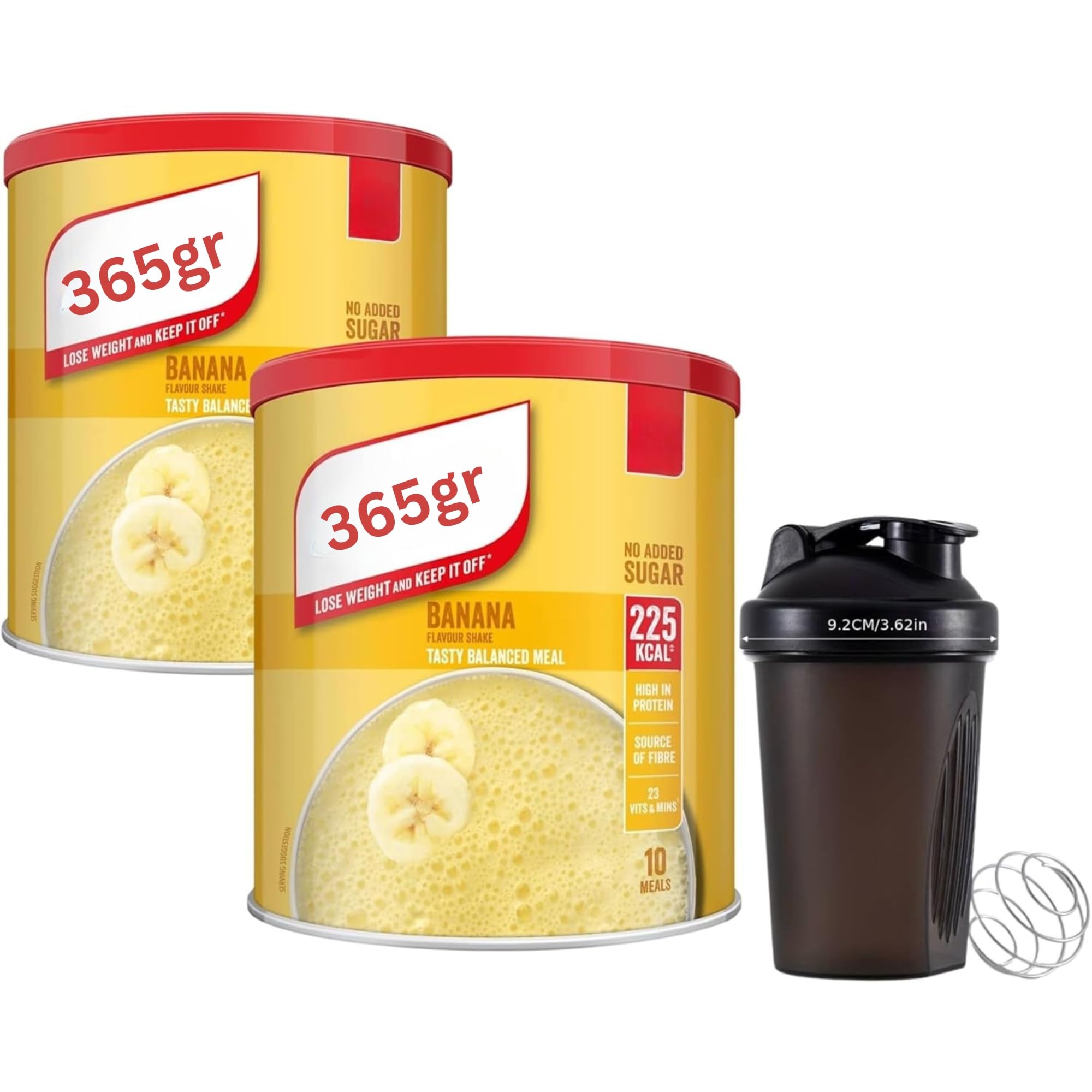 Meal Replacement Shake Powder, Weight Loss Shakes Bundle with Banana Flavour, High Protein, No Added Sugar 2 x 365g and 400 ml Wishesla Black Plastic Shaker Bottle With Stainless Steel Ball