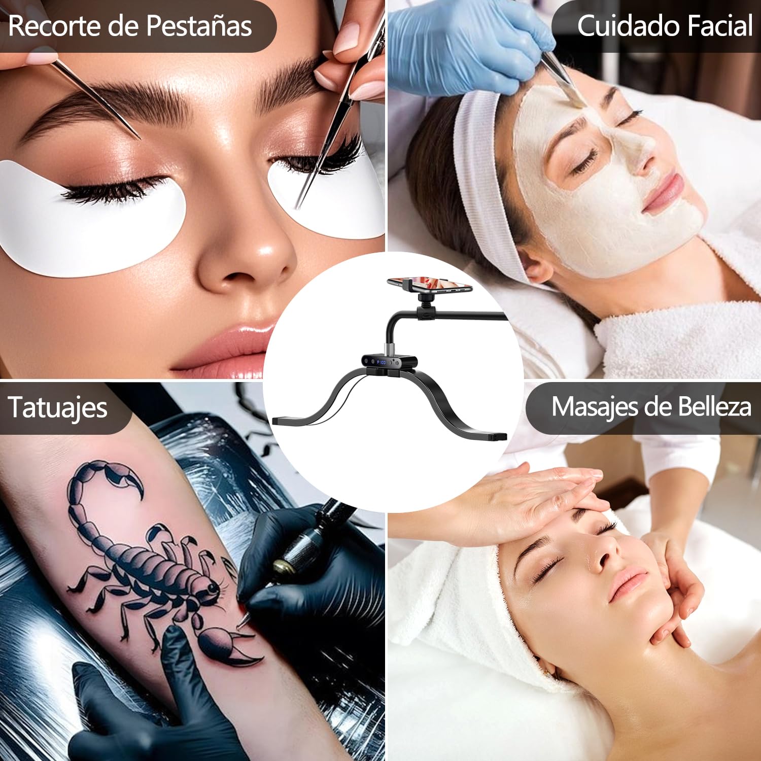 yAyusi Lámpara Pestañas Nubes de Pie con Soporte Teléfono, Retráctil Plegable Luz para Extensiones de Pestañas, Luz de Anillo de Belleza LED Regulable para Pestañas/Cuidado de Piel/Tatuajes (Negro)