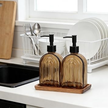 Glass Soap Dispenser Set with Wooden Tray, 13.5Oz Refillable Liquid Modern Soap Dispenser with Plastic Pump for Hand and Dish Set for Bathroom Countertop Decor (Dark Brown)