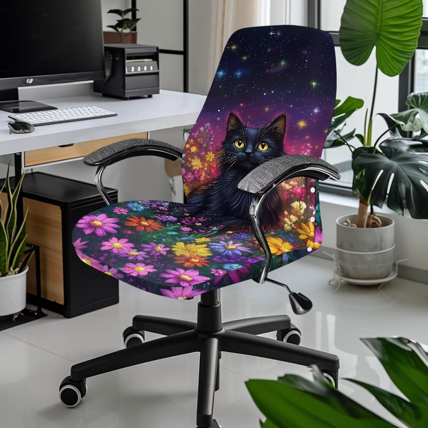 Office Chair Cover Daisy Floral Black Cat Print Dust-Proof Swivel Chair Protective Slipcover Stretchable Boss Chair Cover for Office Home Decoration, Large