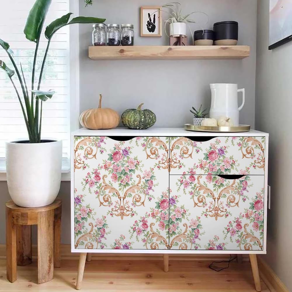 Vintage Pink Damask Flowers Pink Rose Floral Peel and Stick Wallpaper Wall Decor Self Adhesive Wall Paper Stick on Easy Peel Off Contact for Renter Apartment