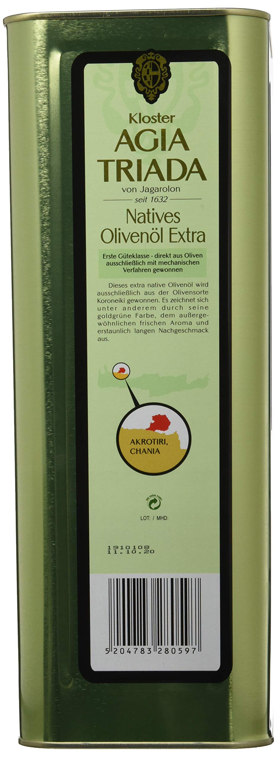 Agia Triada Extra Natives Olivenöl Bio, 5 l | Aus kontrolliert biologischem Anbau - DE-ÖKO-006 - Goldgrüne Farbe & langer Nachgeschmack - Koroneiki-Oliven