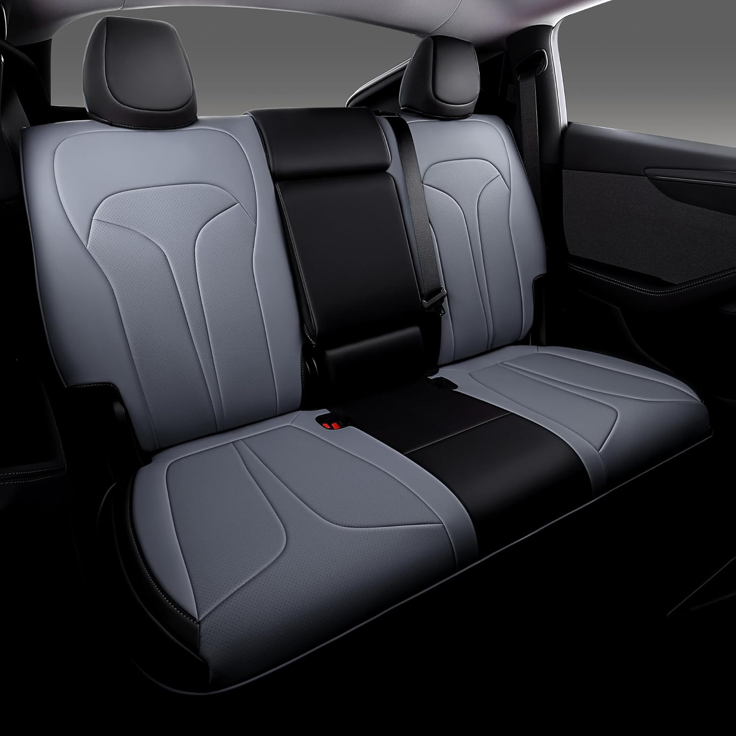 Custom Fit Seat Covers for 2025 2026 Tesla Model Y Juniper (5-Seater), Waterproof Breathable Nappa Leather, OEM Factory Style Full Set Car Seat Protectors Airbag Compatible - Black+Grey