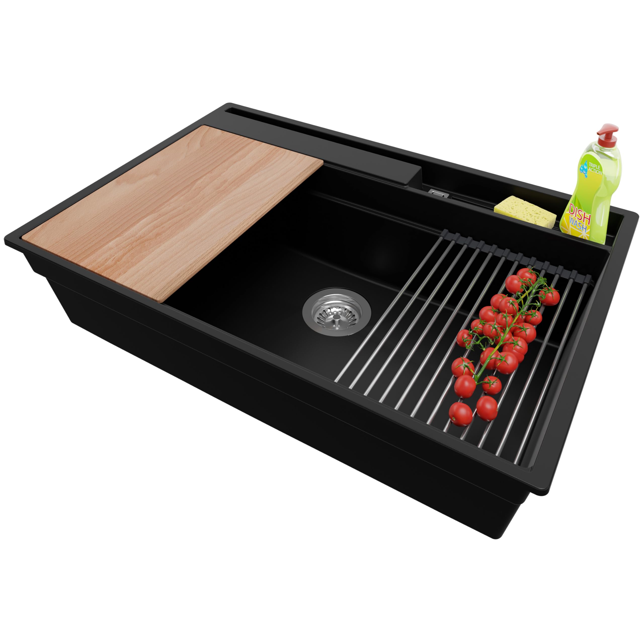 PRIMAGRAN Lavello da Cucina Nero 78x53cm, Lavandino in Granito a 1 vasca + Sifone Classico, Lavabo da Cucina Incasso al Mobile 80cm - Oslo Pocket S335