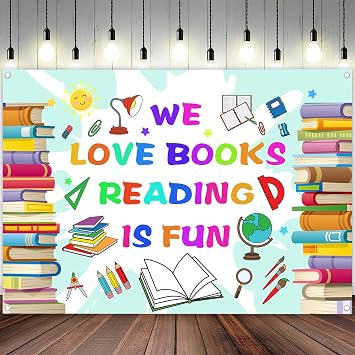 World Books Backdrop 7 x 5 ft We Love Books Reading is Fun Background Children Student Reading Elementary Classroom Library Decoration Banner