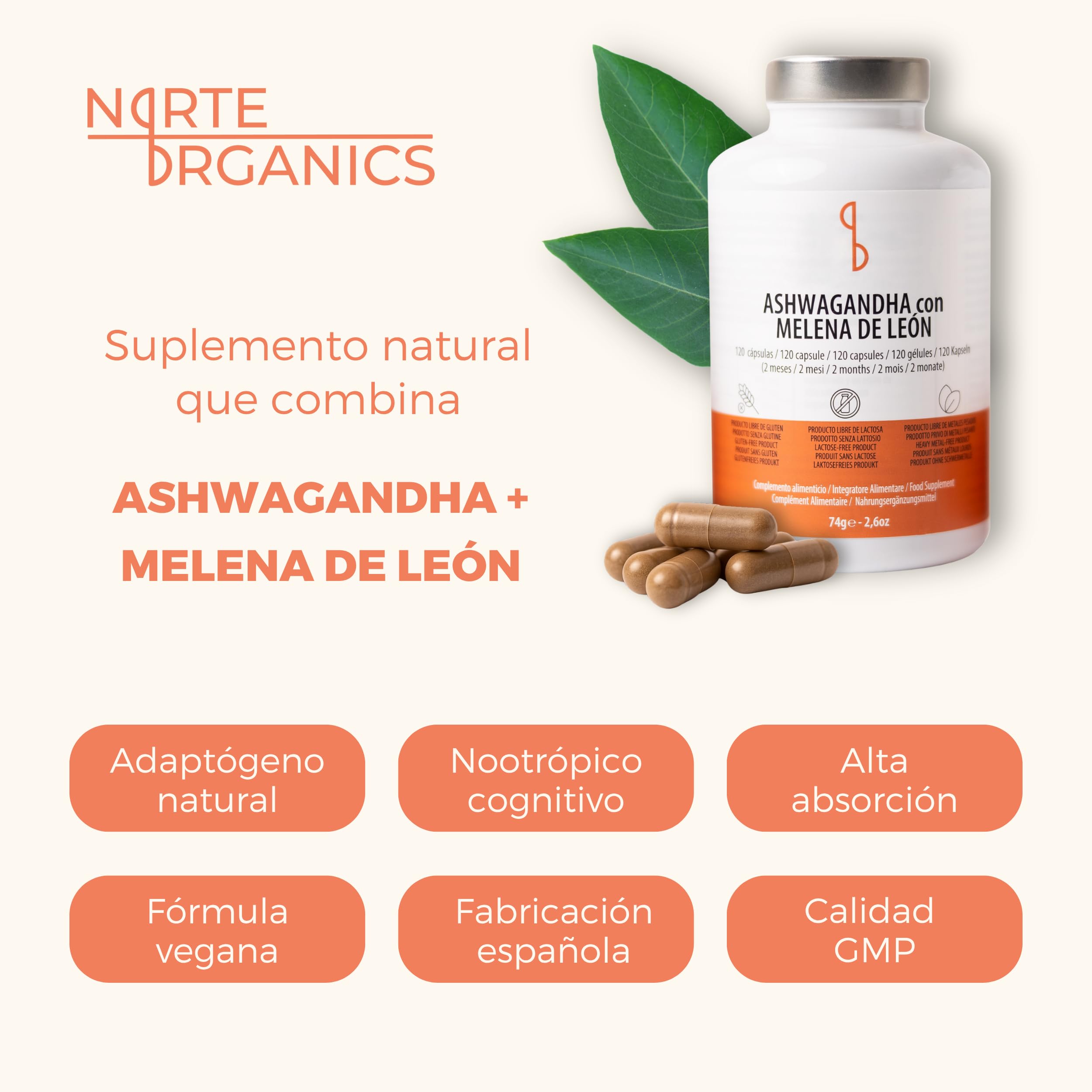 Ashwagandha con Melena de Leon | Adaptógenos Anti-Estrés y Nootropicos Memoria y Concentracion | Lions Mane y Ashwagandha con Pimienta Negra | Complementos Alimenticios en Cápsulas