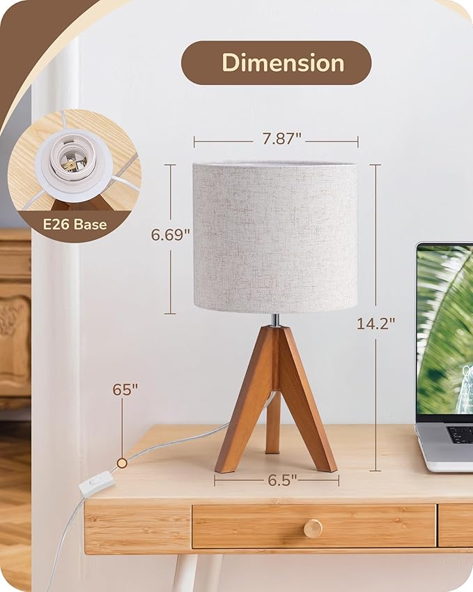 Lámpara de Mesa EDISHINE con Base de Madera y Pantalla Beige miniatura 5