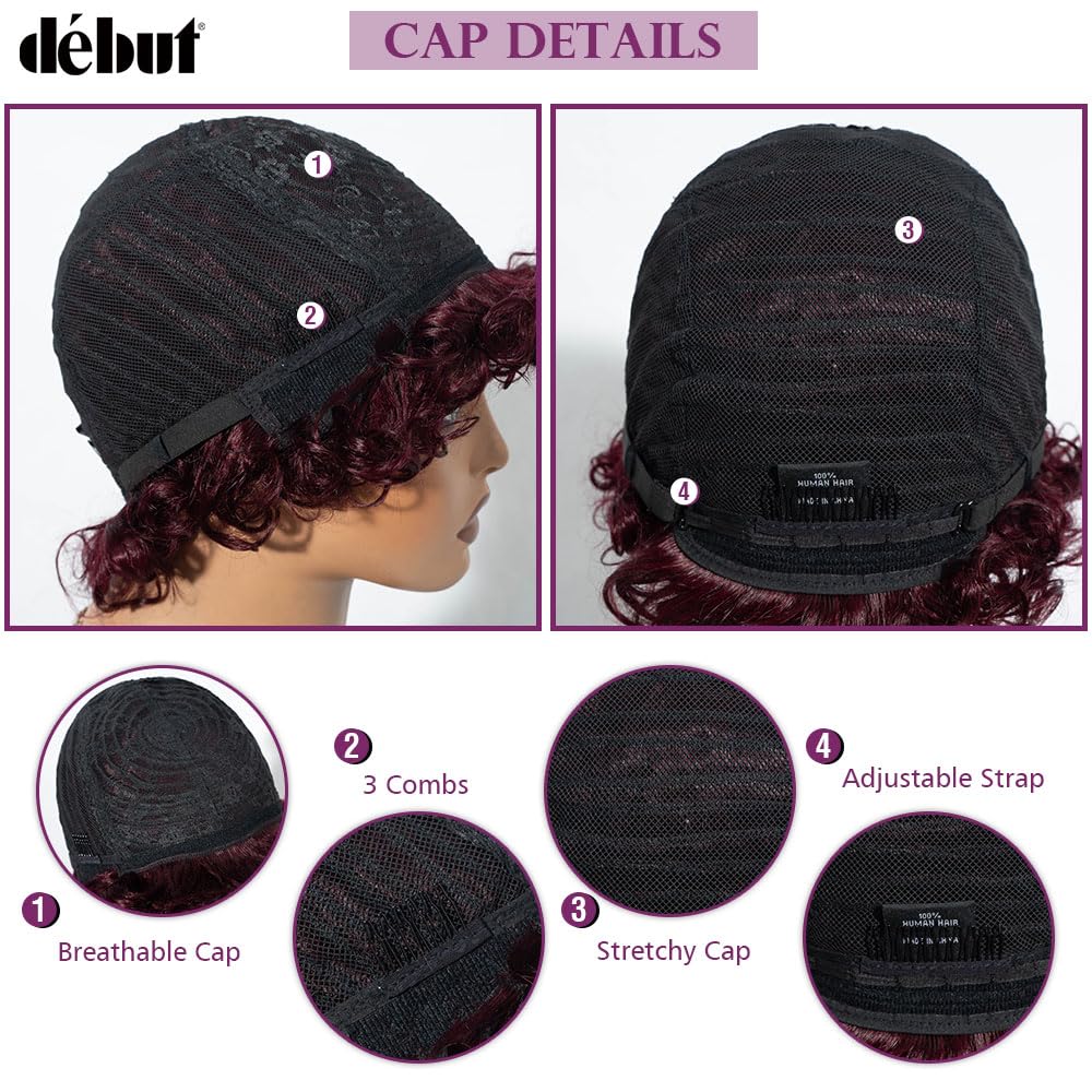 Short Curly Glueless Wigs 100% Human Hair Afro Curly Wigs with Bangs for Women Loose Curls Wear&Go Non Lace Front Wig (99J)