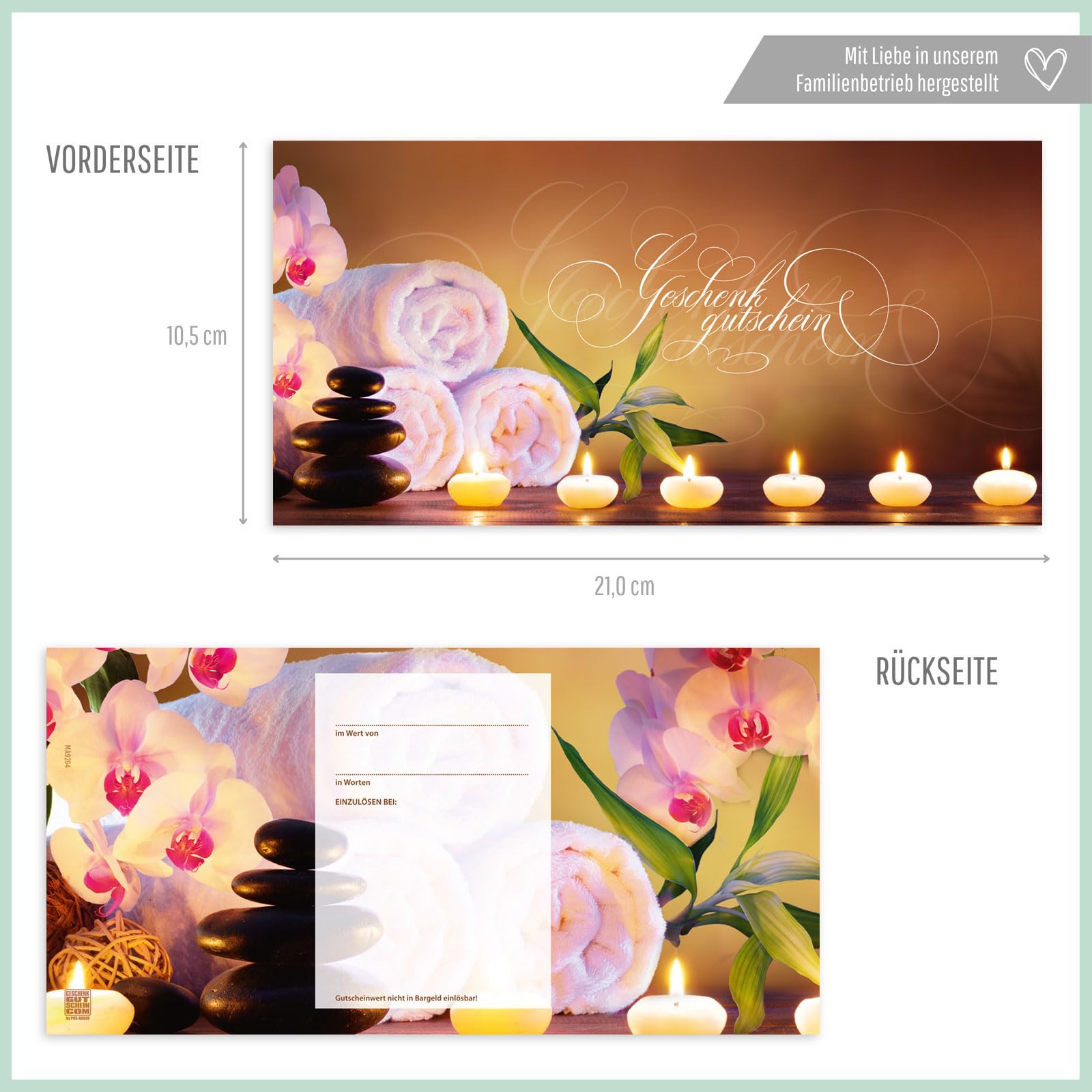 GESCHENKGUTSCHEINcom Gutschein-Set - 50 Gutscheine mit Umschlag & Schleife für Kosmetiksalon Wellness Massageinstitute, blanko zum selber Ausfüllen