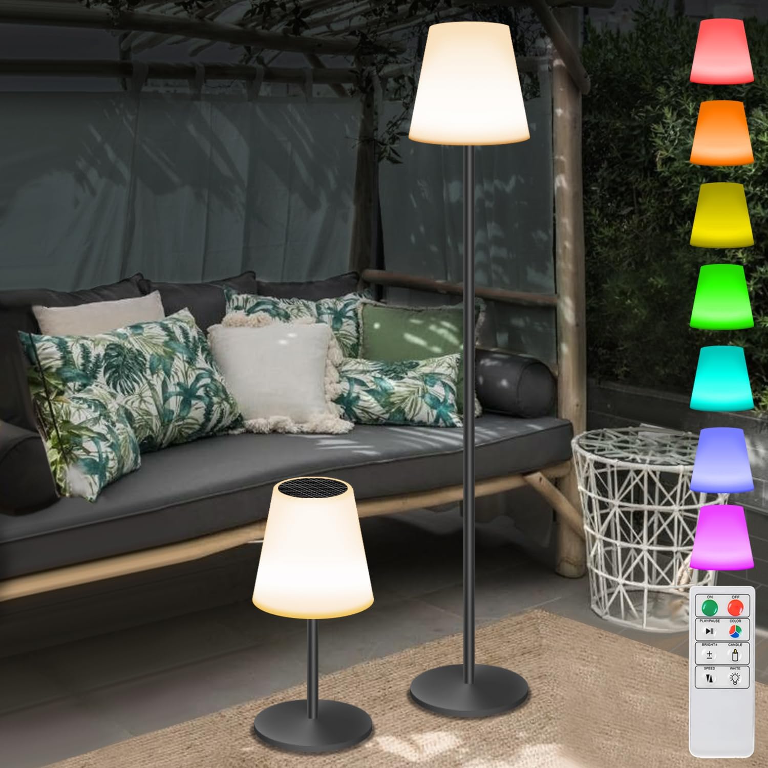 Lámpara de Pie Solar Inalámbrico Para Exteriores, Mandos a Distancia Blanco Cálido y RGB Regulable, IP44 Resistente al Agua Lámpara de Mesa Grande Para Jardín, Hotel, Patio (Negro)