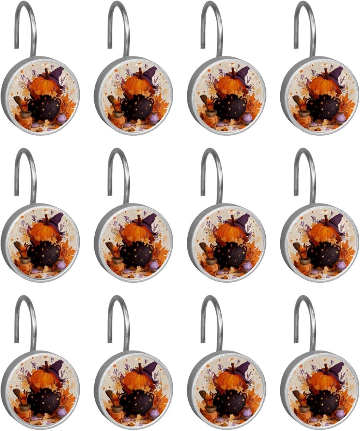 12PCS Halloween Autumn Pumpkin (3) Shower Curtain Hooks Rings for Bathroom, Decorative Shower Curtain Hooks Rods Curtains and Liner