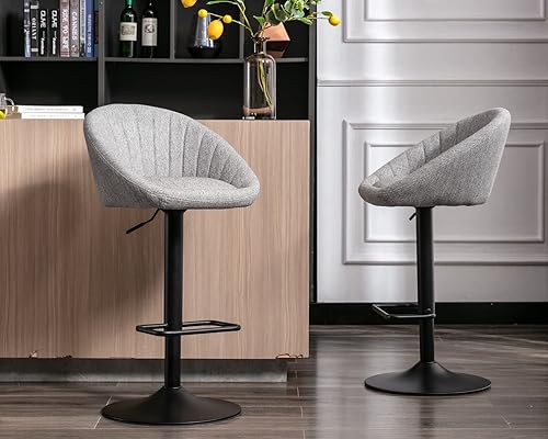 Miniatura 6 de CIMOTA Juego de 2 taburetes de bar giratorios de tela de rizo gris moderna, altura de asiento ajustable de 25-33 pulgadas, asiento acolchado, marco