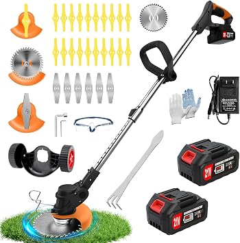 Electric Weed Wacker Weed Cordless Eater with Wheels and 2 Pcs 21V/2000mAh Batteries, 3 in 1 Grass Trimmer/Brush Cutter/Lawn Edger with 27 Pcs Replacement Blades for Lawn Garden and Yard Black