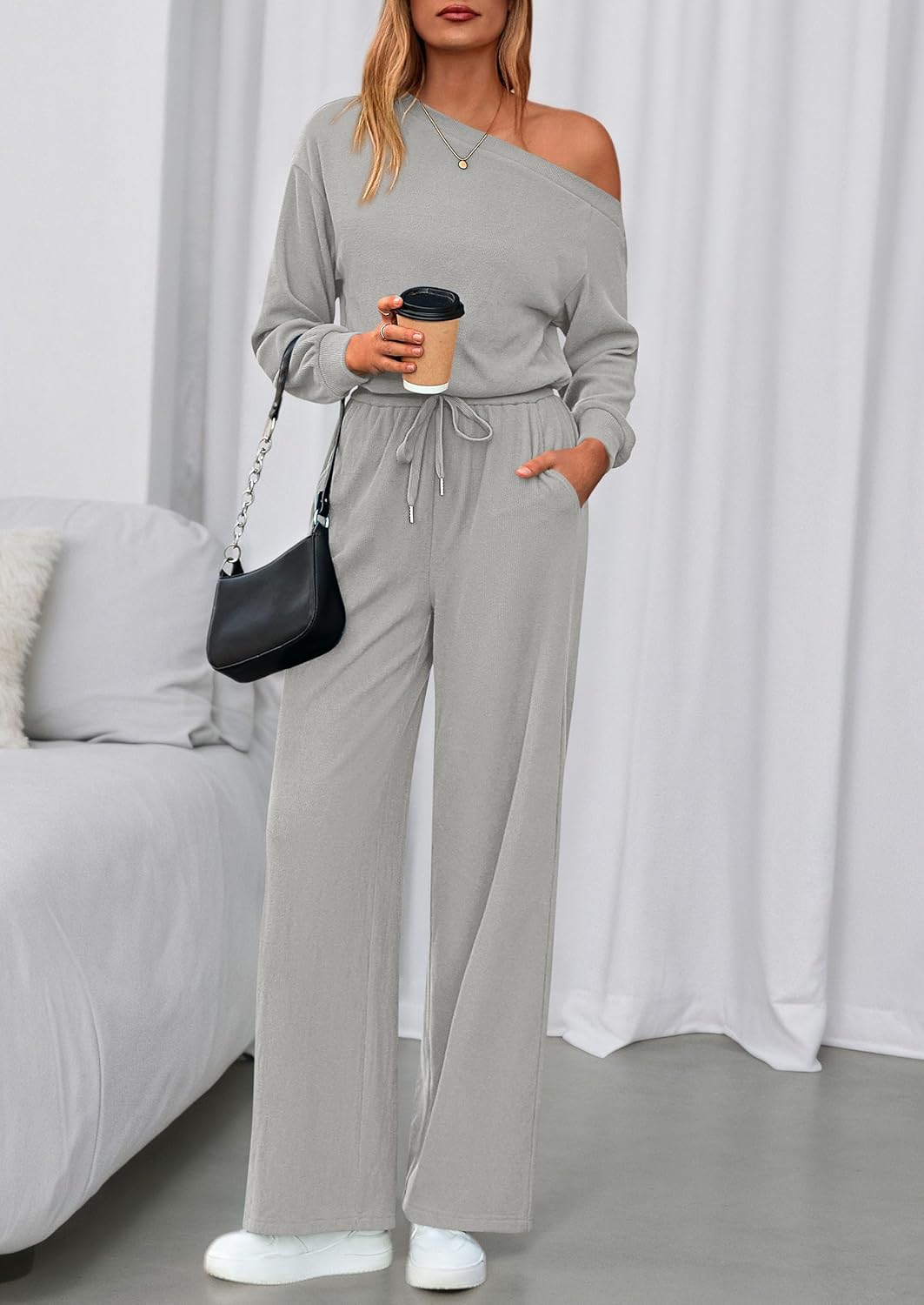 PRETTYGARDEN Long Sleeve Jumpsuit For Women Dressy 2026 Off Shoulder One Piece Loose Wide Leg Jumpsuits Casual Flowy Romper - Image 2