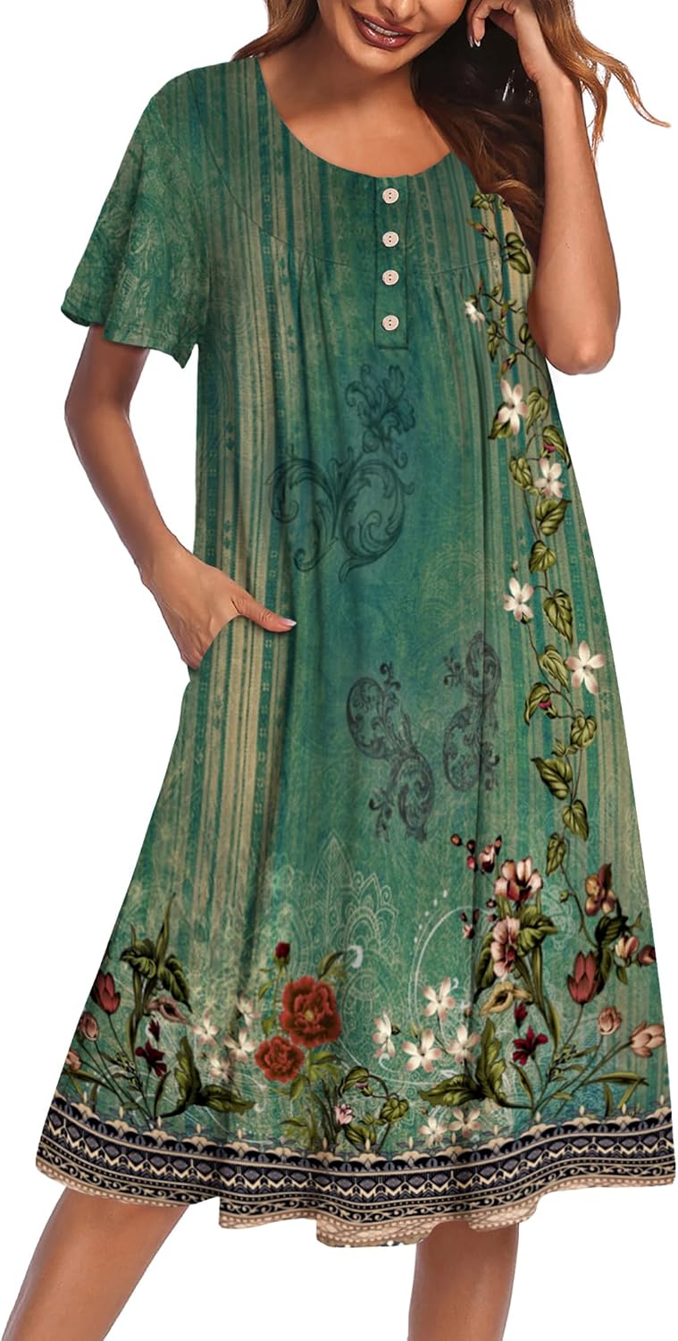 Ekouaer Nightgowns for Women Short Sleeve House Dress with Pockets Floral Print Mumu Dress
