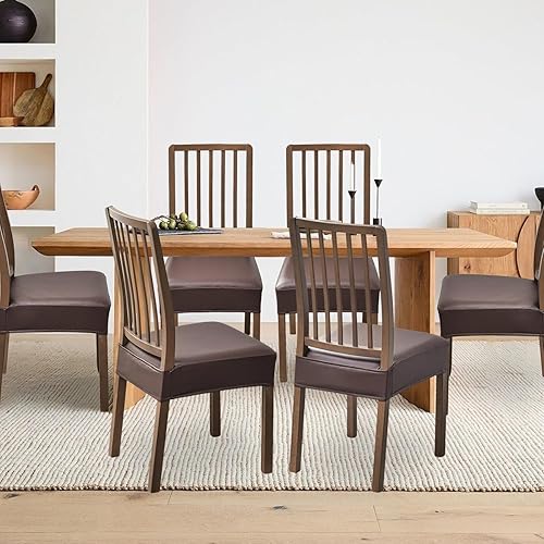 Vista 8 de FUANGUI Dining Chair Covers Set of 4, Waterproof PU Leather Stretch Chair Seat Slipcovers Soft Removable Washable Chair Covers, Kitchen Chair Seat
