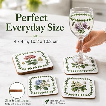 Portmeirion Botanic Garden Coasters (Set of 6) - Cork-Backed Board, Heat Resistant, Stain Resistance - Artistic Botanical Motifs for Tabletop Protection, Unique & Stylish Coasters for Home | 4 Floral Table Protectors with Lacquer Finish, Heat Resistant Surface for Coffee Cups, Mugs, Glasses & Everyday Entertaining