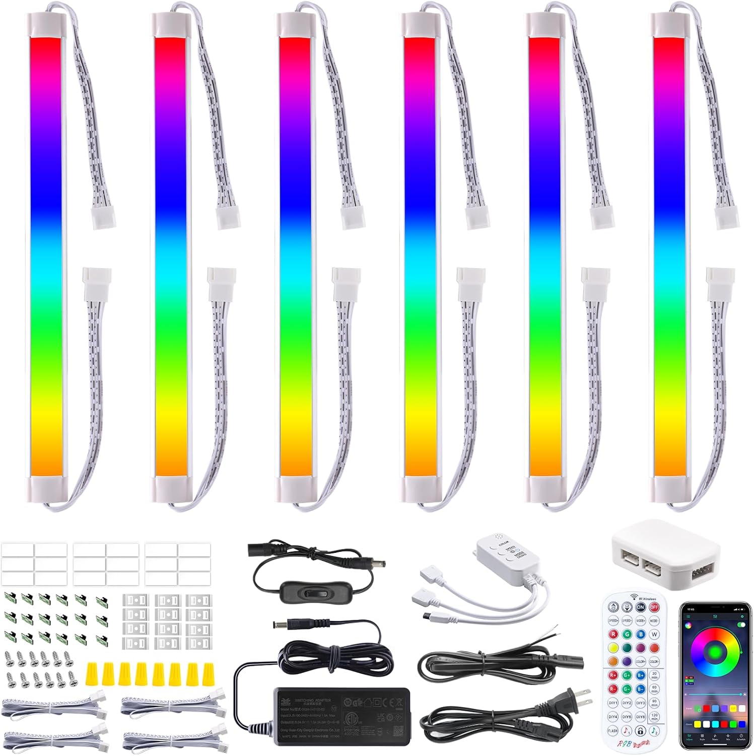 LABOREDUCER RGB Under Cabinet Lights,6 Pack Plug in or Hardwired Linkable RGB LED Closet Light with Remote and APP Control,24V Under Cabinet Lighting for Kitchen Closet Counter 18W(RGB+Cool White