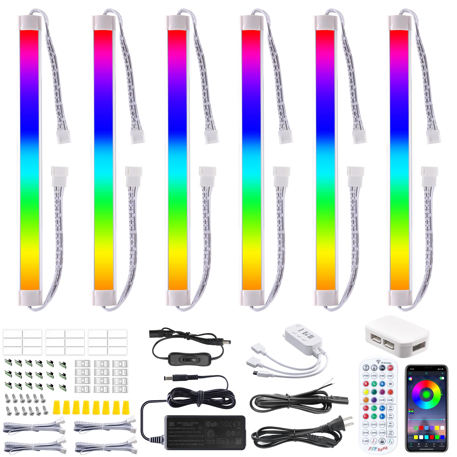 LABOREDUCER RGB Under Cabinet Lights,6 Pack Plug in or Hardwired Linkable RGB LED Closet Light with Remote and APP Control,24V Under Cabinet Lighting for Kitchen Closet Counter 18W(RGB+Warm White)