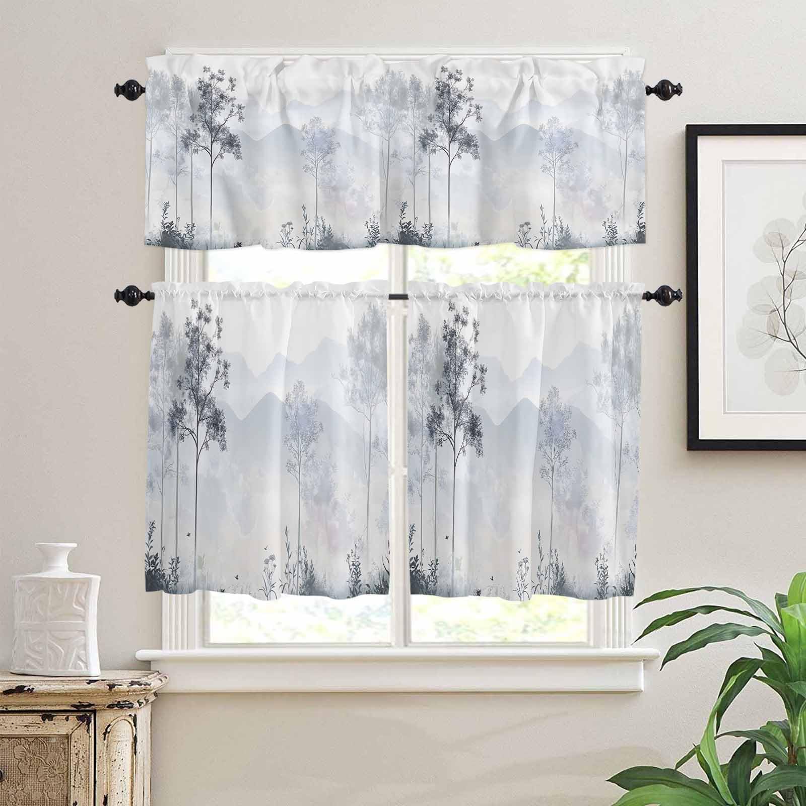 Foggy Forest Gray Kitchen Curtains 36 Inch Length, 3 Piece Rod Pocket Small Half Tiers and Valance Set, Vintage Mountain Grey Tree Small Large Window Treatment Decor for Bedroom/Bathroom Sink