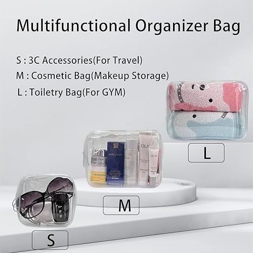 Miniatura 6 de Bolsa de aseo aprobada por la TSA, paquete de 3 bolsas transparentes para artículos de tocador para viaje, bolsa de maquillaje de tamaño cuarto de