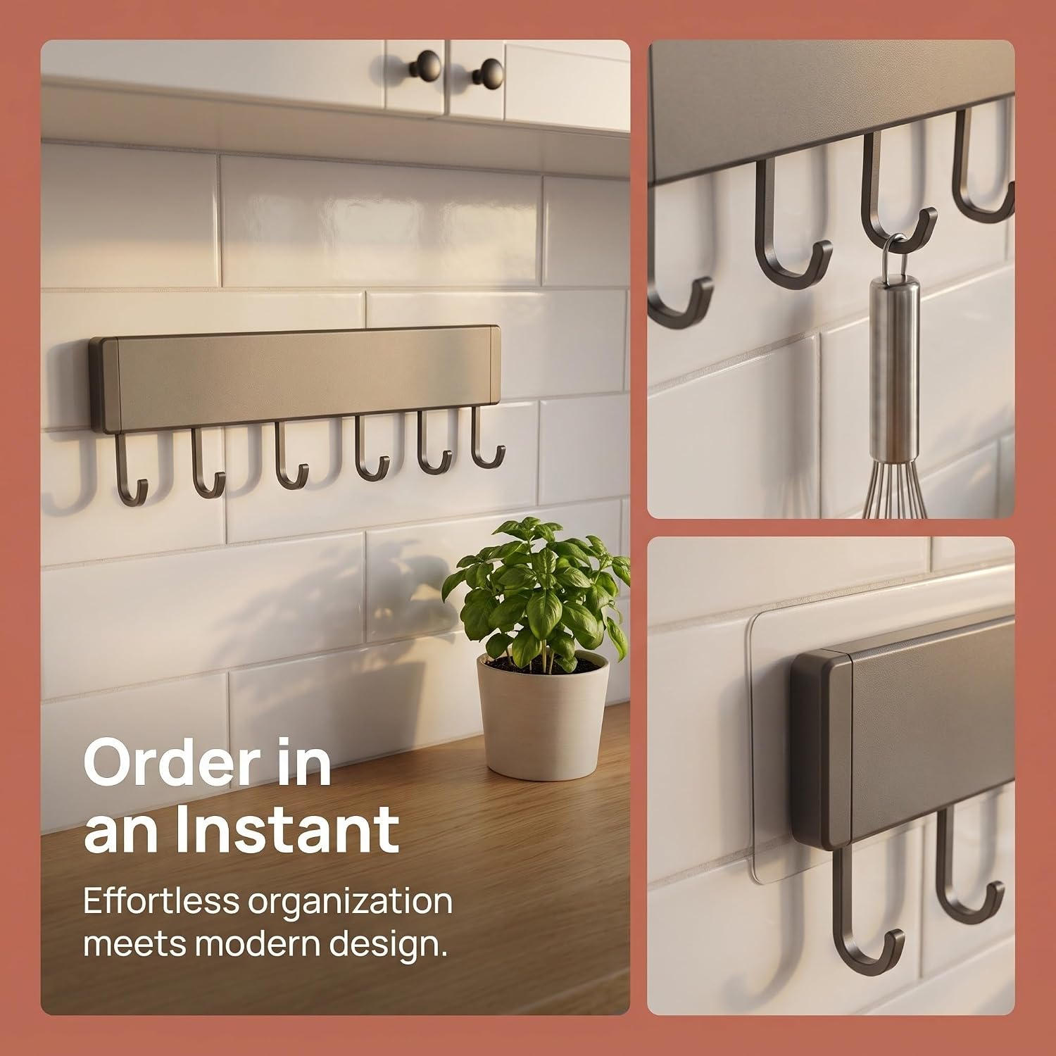 Uonlytech 2pcs Kitchen Utensil Rack Hooks, Rail No Drilling Wall Mounted