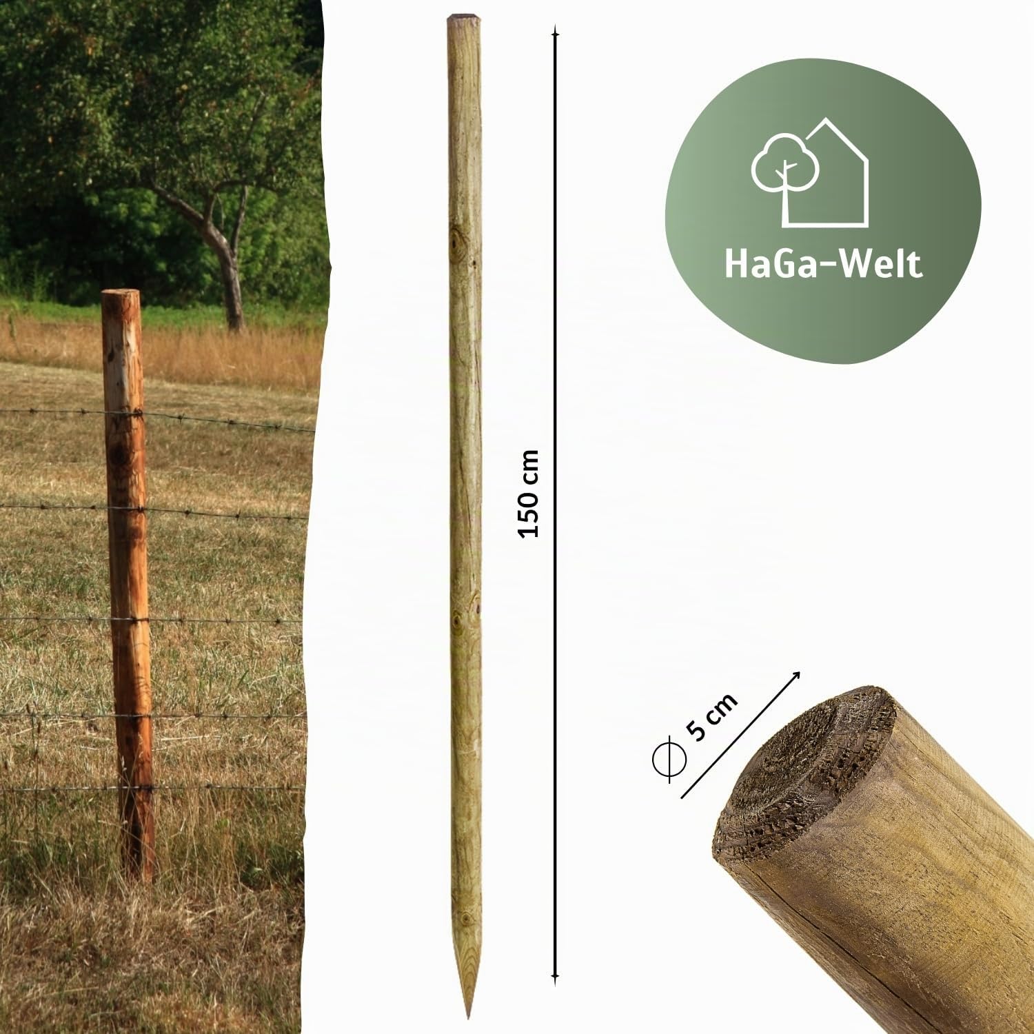 HaGa Holzpfahl - 5cmØ | 150cm Höhe | 10 STK. - Rundholz Pfahl aus Kiefer für Zaun - Weidezaunpfähle - Zaunelemente für Holzzaun, Hundezaun, Weidezaun, Gartenzaun