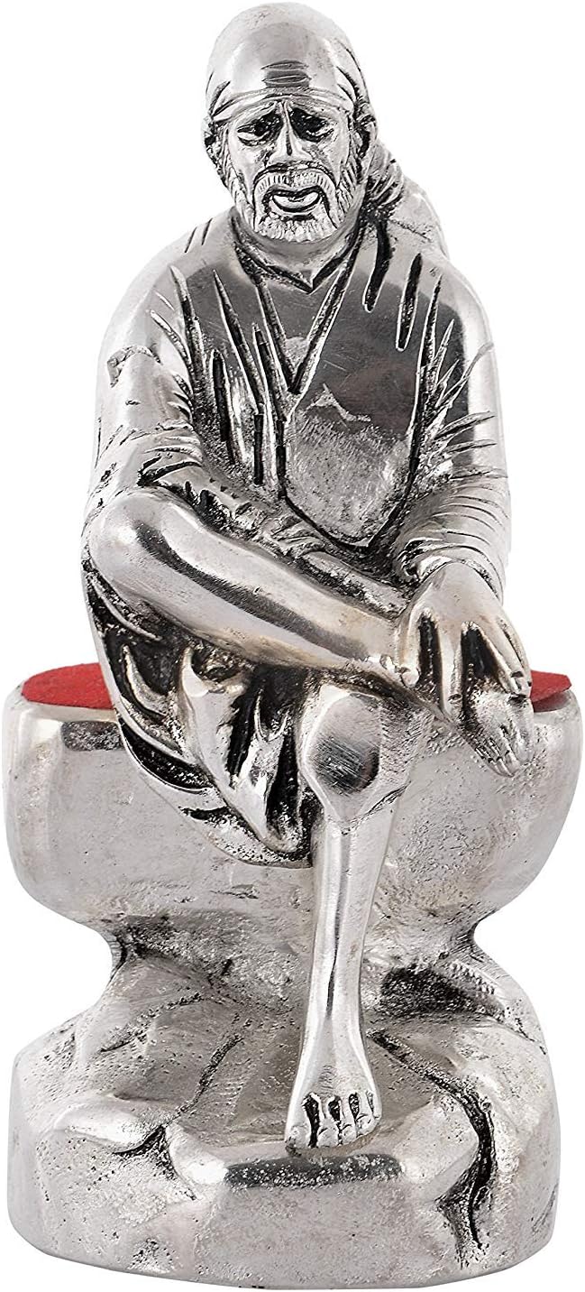 INTERNATIONAL GIFT Silver Plated Sai Baba Idol (Murti) Oxidized Finish with Beautiful Red Velvet Box Packing and with Carry Bag (16H x 7W x 5.5L Centimeters)