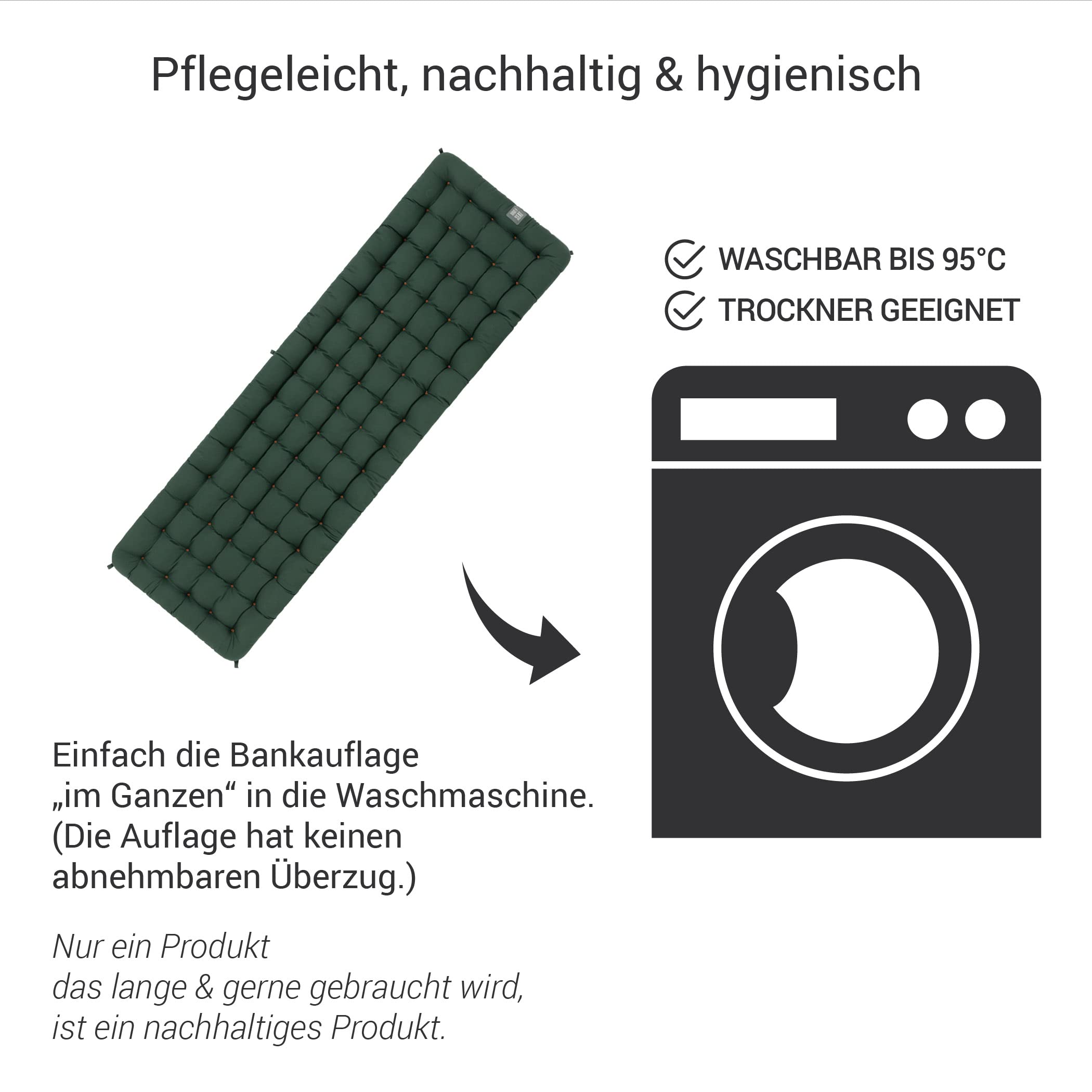 Poduszka na ławkę ogrodową z oparciem, wygodna poduszka do siedzenia – ortopedyczna poduszka do siedzenia, nadaje się do prania w temperaturze do 95°C, Made in Germany (zielony