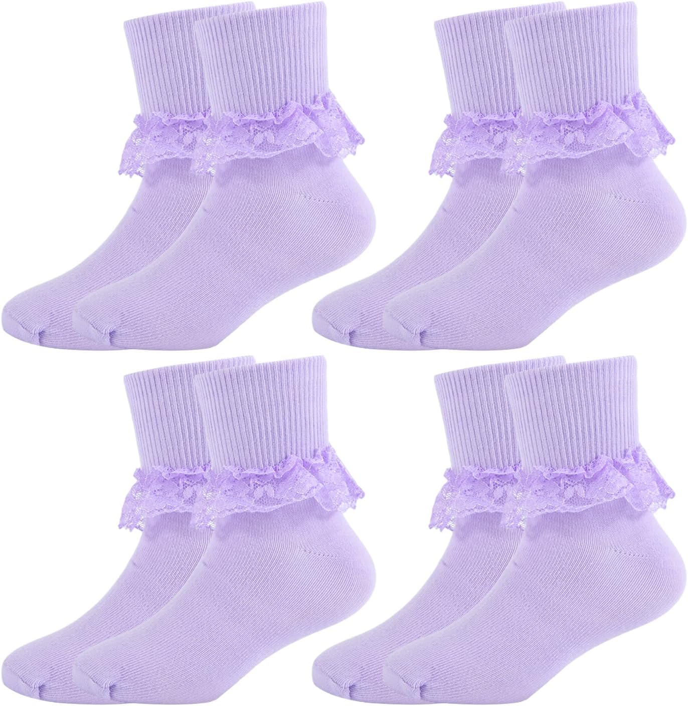 4 Pairs Girls Ruffle Socks Toddler Cute White Black Fancy Lace Ruffled Frilly Princess Dress Socks Girl Little Kids