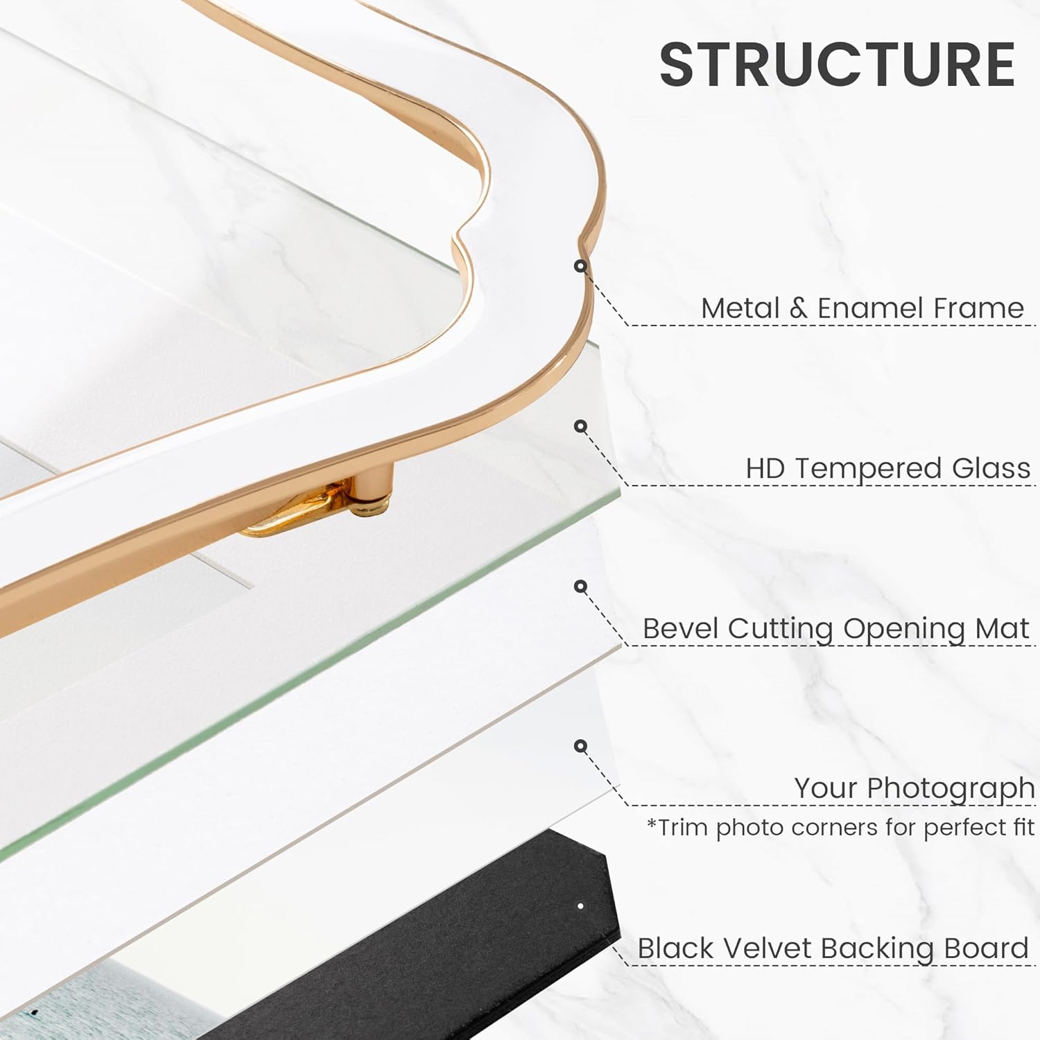 Venusmiles 8x10 Enamel Picture Frame with Mat to 5x7, Wavy Cloud Border, Gold Metal Edge Easel, Real Glass Photo Frame for Wall and Tabletop Display Family Office Photo Gallery, White Enamel/1pc