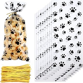 Boao 150 Black Paw Print Cellophane Treat Bags with Twist Ties - Cute Dog Party Favors for Candy Cookies Gifts 5x11 Inch