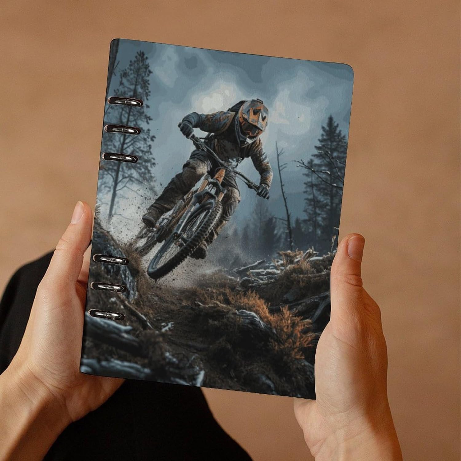 VTCTOASY Mountain Bike Tournament Spiral Notebook 6-Ring A5 Refillable Notebook for Work Loose Leaf Binder Spiral Journal 90 Pages Wide Ruled Disc Planner for Meeting Business Home