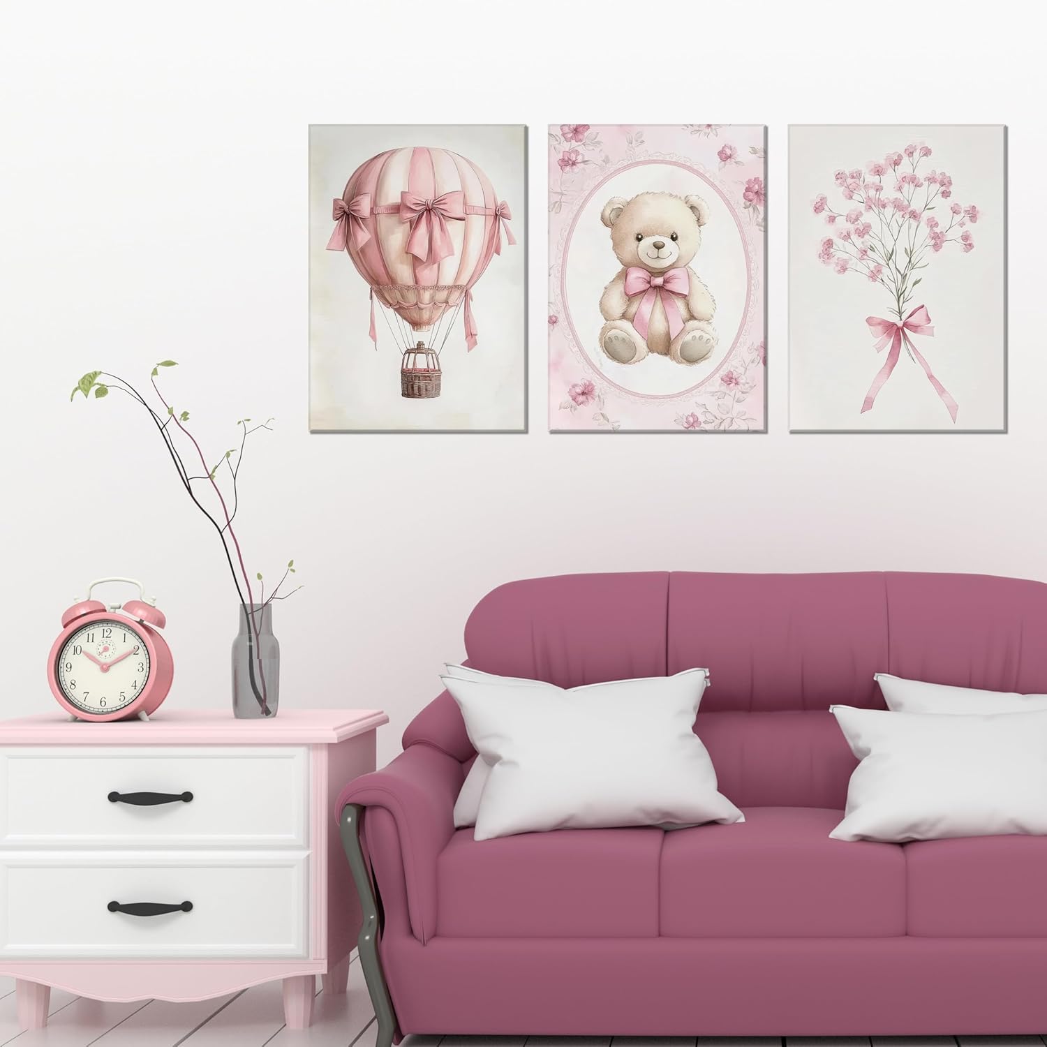 3pcs Pink Baby Room Canvas Wall Art Nursery Wall Decor Pictures with Bow Hot Air Balloon Teddy Bear Flowers Posters Prints for Girls Bedroom Playroom Decorations Framed (12inx16in canvas)