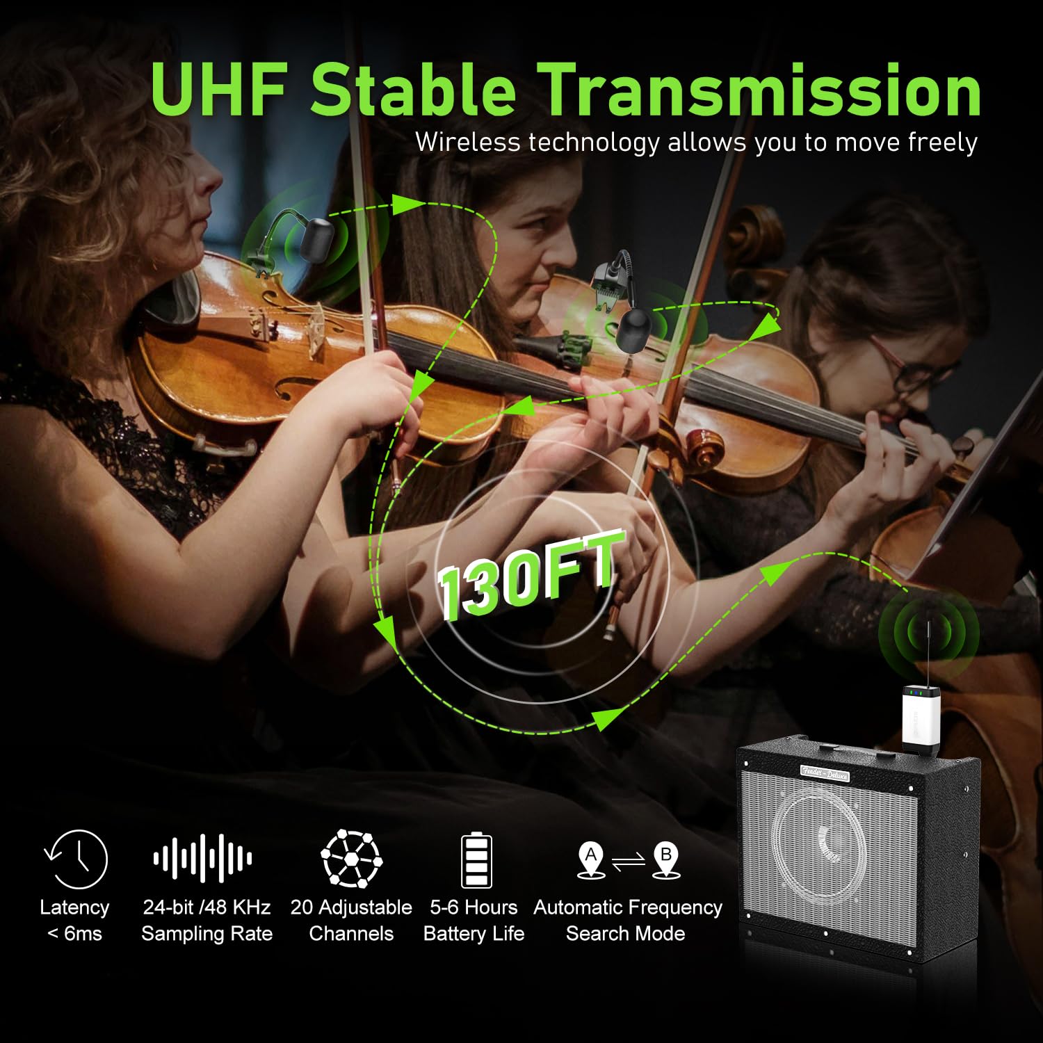 ACEMIC Dual UHF Violin Wireless Microphone Gooseneck Pick Up Instrument Clip-on Mic 1 Receiver and 2 Transmitter System for Violin Stage Musical Instrument Performance,Q2/VT-5
