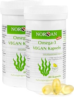 NORSAN Premium Omega 3 Vegan Kapseln 2er Pack (2x 80 Stück) - 1.700mg Omega 3 pro Tagesdosis - vegane Algenöl Kapseln mit hohem EPA- & DHA-Anteil - Algenöl aus nachhaltigem Anbau
