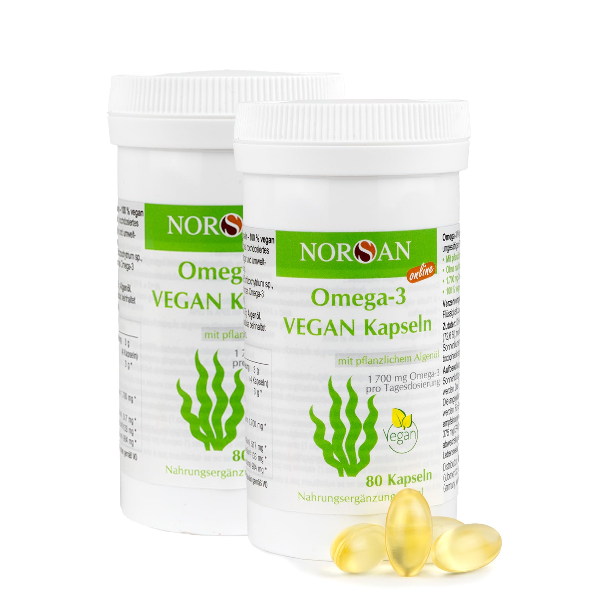 NORSAN Premium Omega 3 Vegan Kapseln 2er Pack (2x 80 Stück) - 1.700mg Omega 3 pro Tagesdosis - vegane Algenöl Kapseln mit hohem EPA- & DHA-Anteil - Algenöl aus nachhaltigem Anbau