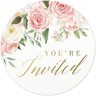 Mobiusea Creation Pink Floral Wedding Invitation Stickers | 1.4 inch | Gold Foil | 108pcs Waterproof Envelope Stickers for Bridal Shower, Birthday, Baby Shower and Party