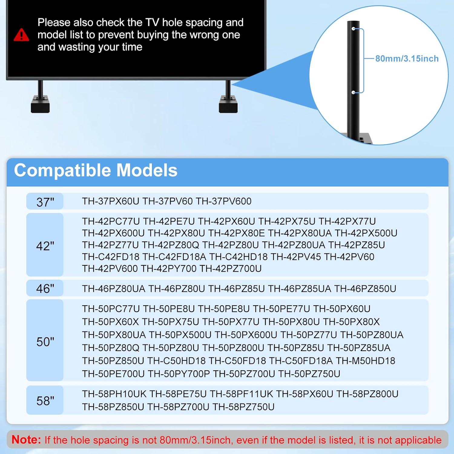 List of compatible Panasonic TV models by screen size.