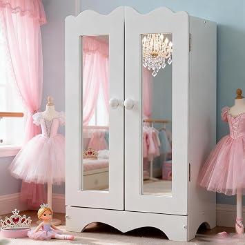 Wooden Baby Doll Closet for 18 Inch Dolls, White Doll Clothes Storage Armoire Wardrobe Furniture with Mirror & 6 Hangers, Toy Organizer for Kids 3+ Years Old 11.8x7.5x17.7in